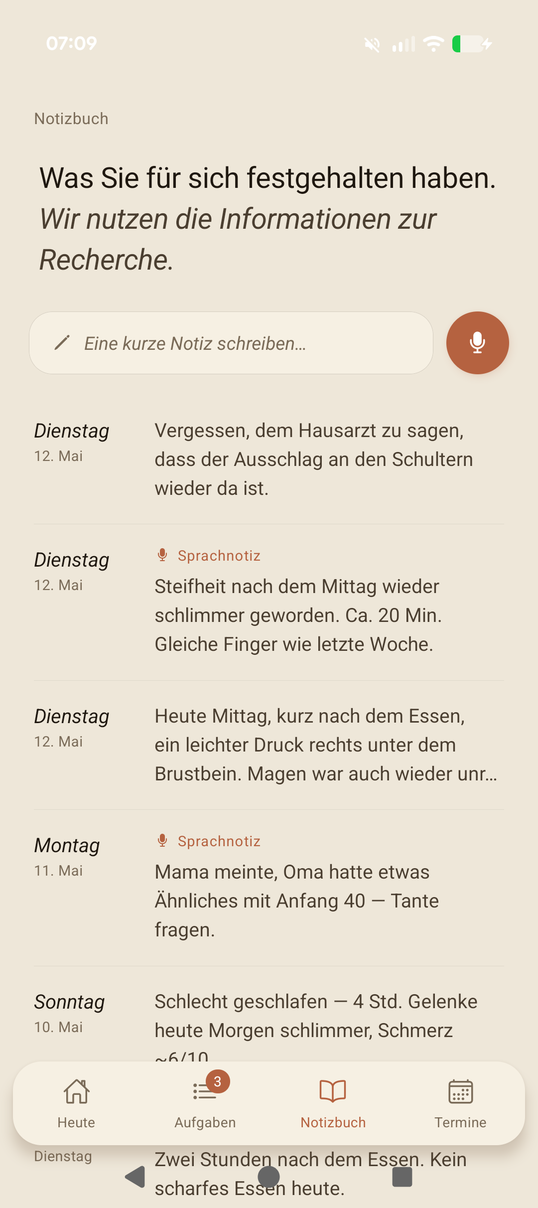 Beobachtungen festhalten.